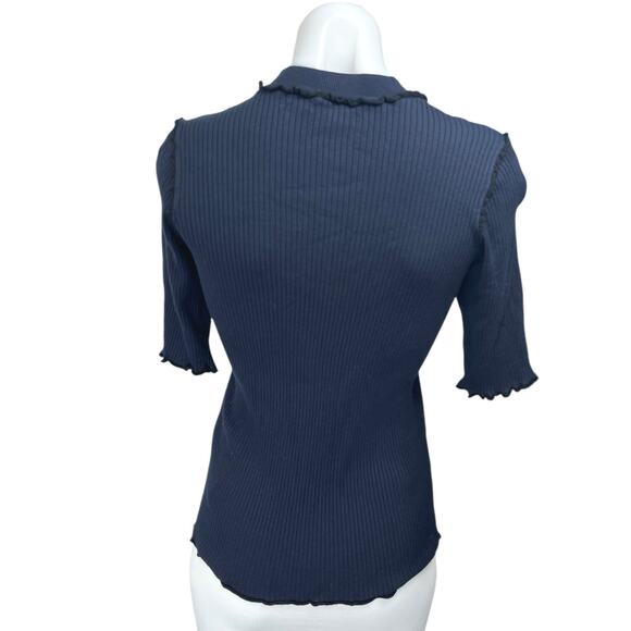 Joie Navy Blue Ribbed Knit Ruffle Short Sleeve Mock Neck Sweater Top Size M - Picture 2 of 4
